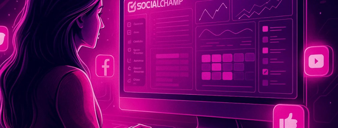 Digital illustration of a woman using a computer displaying the Social Champ