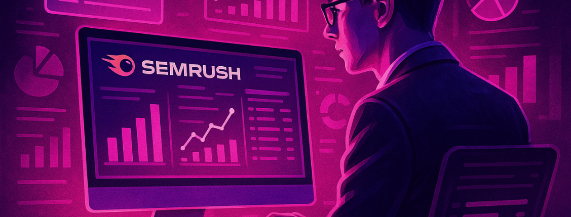 Digital illustration showing a marketer analyzing SEO