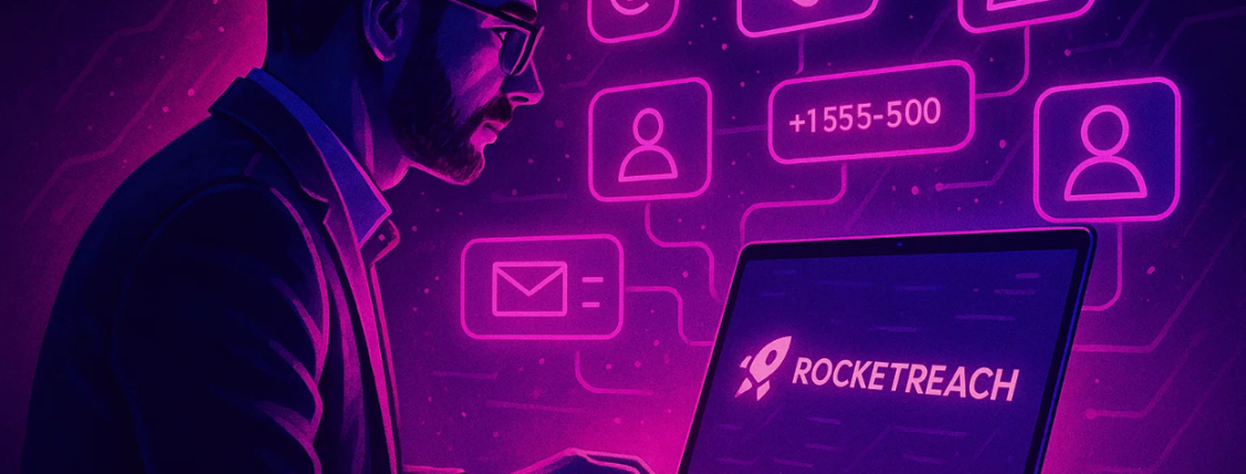 Digital illustration showing a sales professional using RocketReach
