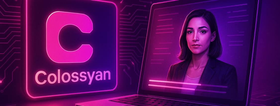 Illustration of Colossyan AI logo and a video of a woman playing on a laptop screen