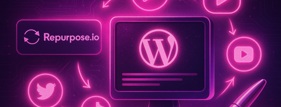 Illustration of Repurpose.io connecting WordPress with platforms like YouTube, TikTok, and Twitter for automated content distribution