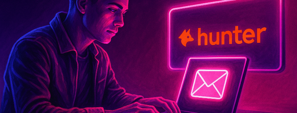Illustration of a digital artwork of a man typing on a laptop with a glowing email icon, next to a Hunter.io logo sign