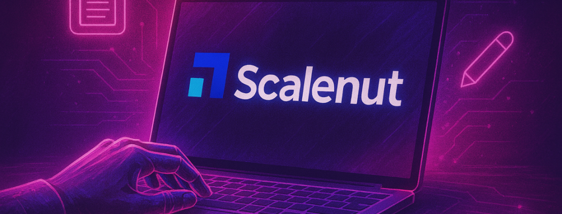 Illustration of a hand using a laptop displaying the Scalenut logo