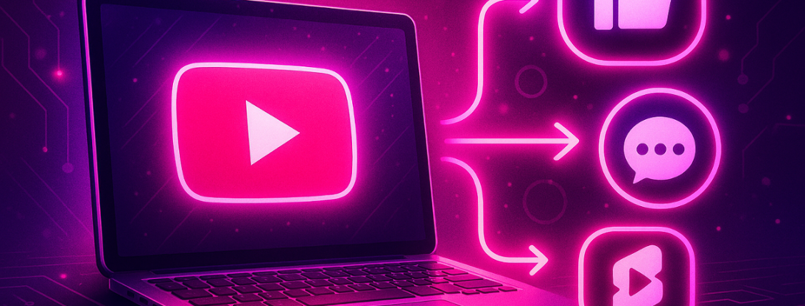 Illustration of a laptop displaying the YouTube logo, with arrows pointing to icons for likes, comments, and YouTube Shorts