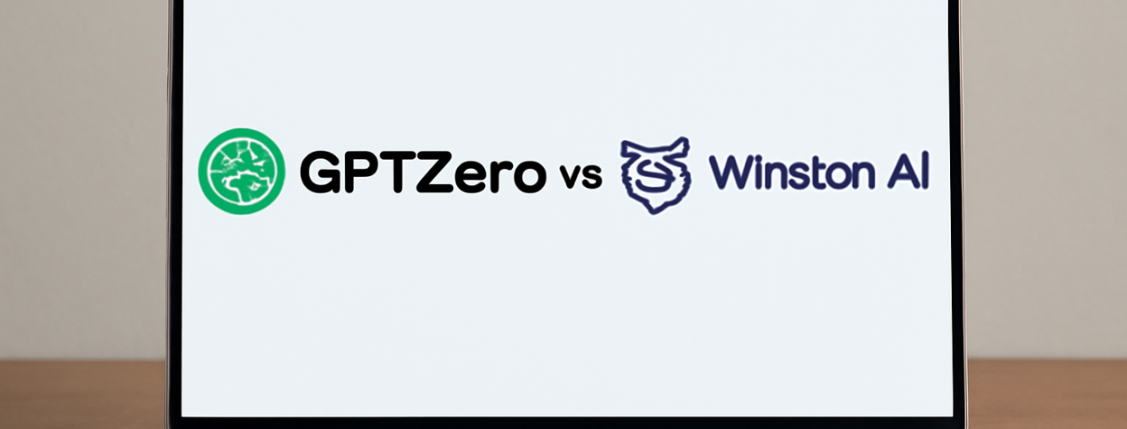 Illustration of a man using his laptop to decide the better AI tool to use between GPTZero and Winston AI