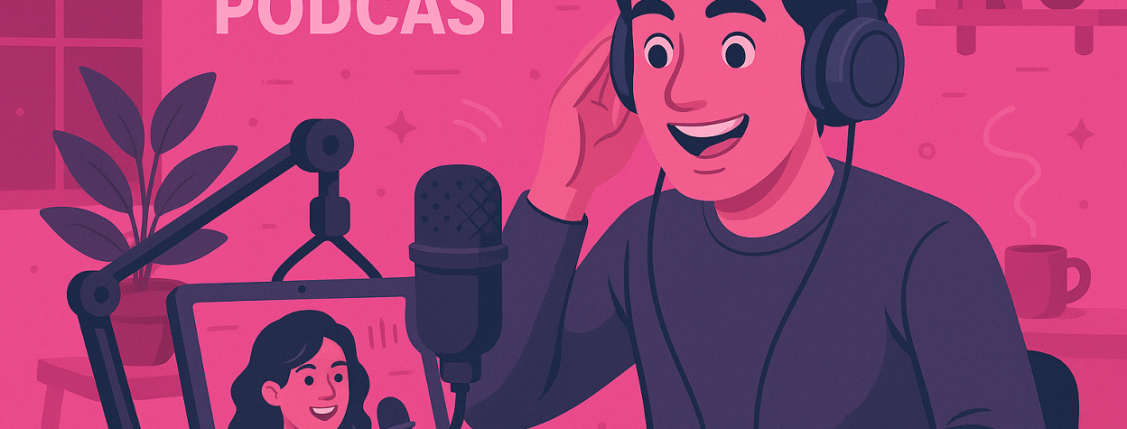 Illustration of a person doing a remote podcast recording
