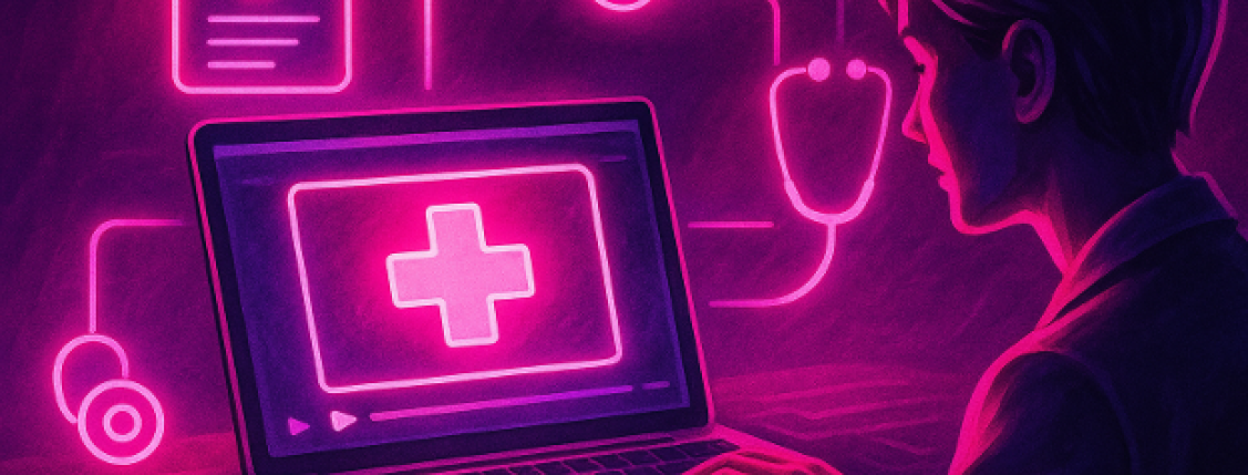 Illustration of a person using a laptop with glowing medical icons like a cross, pill, stethoscope, and clipboard