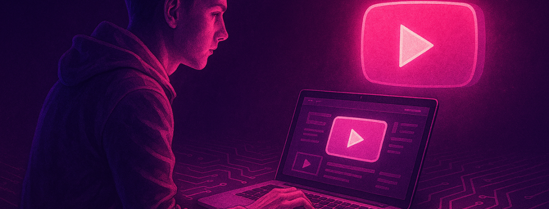 Illustration of a person using a laptop with glowing play icons, symbolizing video streaming or online video content