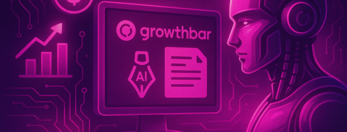 Illustration of a robot looking at a computer screen displaying “growthbar” with AI writing and document icons
