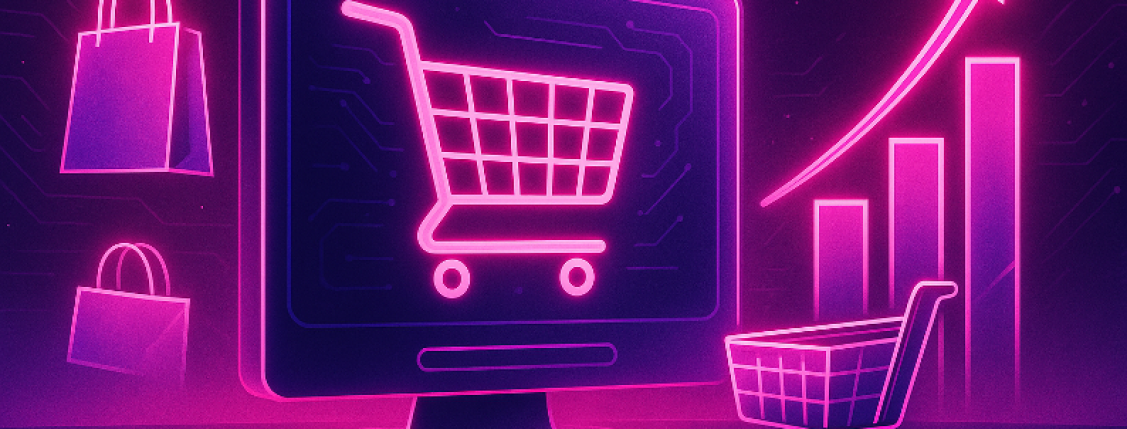Illustration of an online shopping cart on a computer screen with a growth chart and shopping icons
