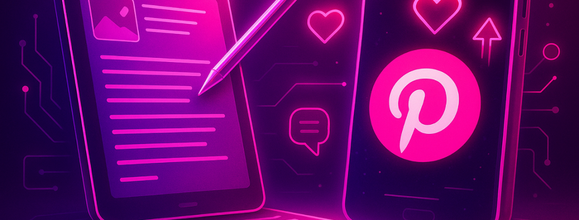 Illustration of digital content creation with a tablet, stylus, and smartphone displaying the Pinterest logo, surrounded by icons for likes, sharing, and comments