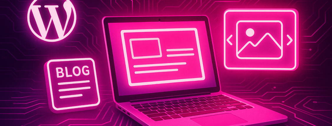 Illustration showing a blog content, a laptop and WordPress logo