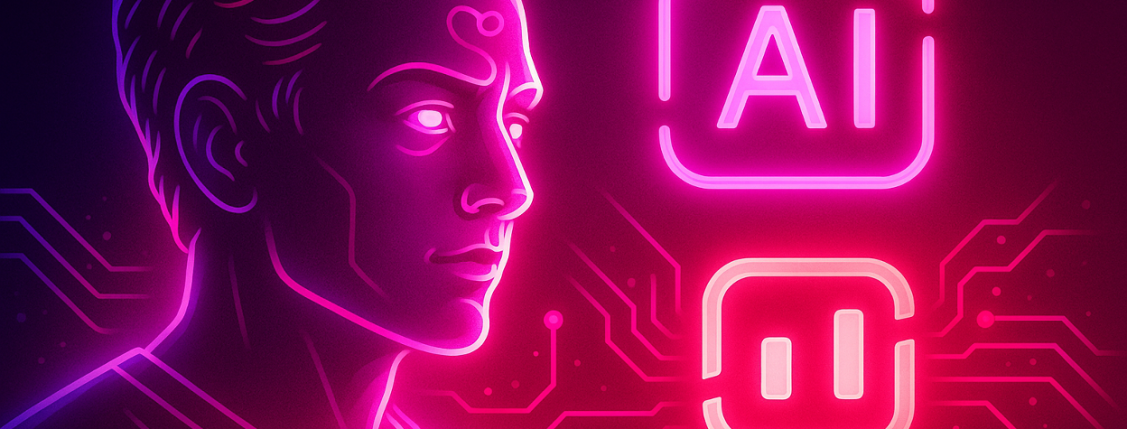 Illustration showing a human profile facing AI symbol and Surfer SEO log