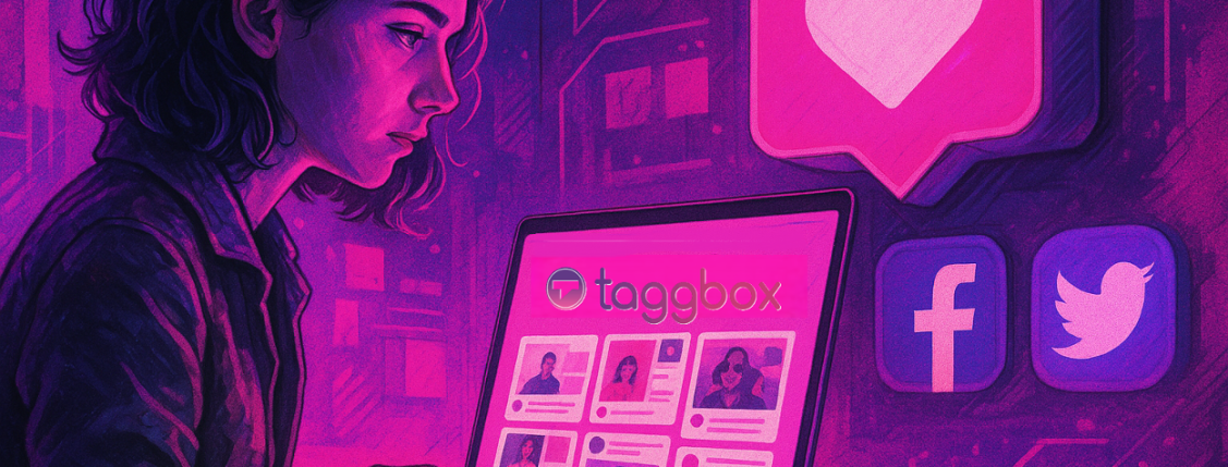 Illustration showing a woman using a laptop displaying the Taggbox logo