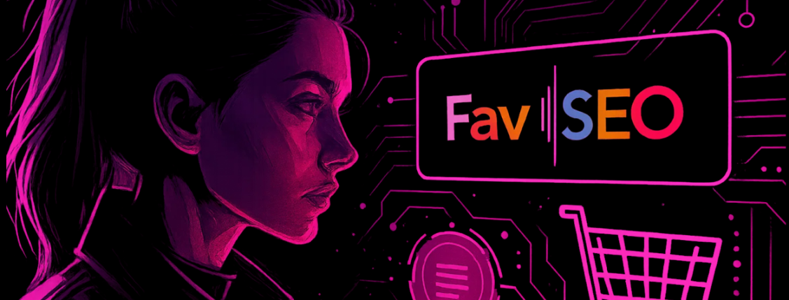 Illustration showing a woman's profile with circuit patterns and the FavSEO logo