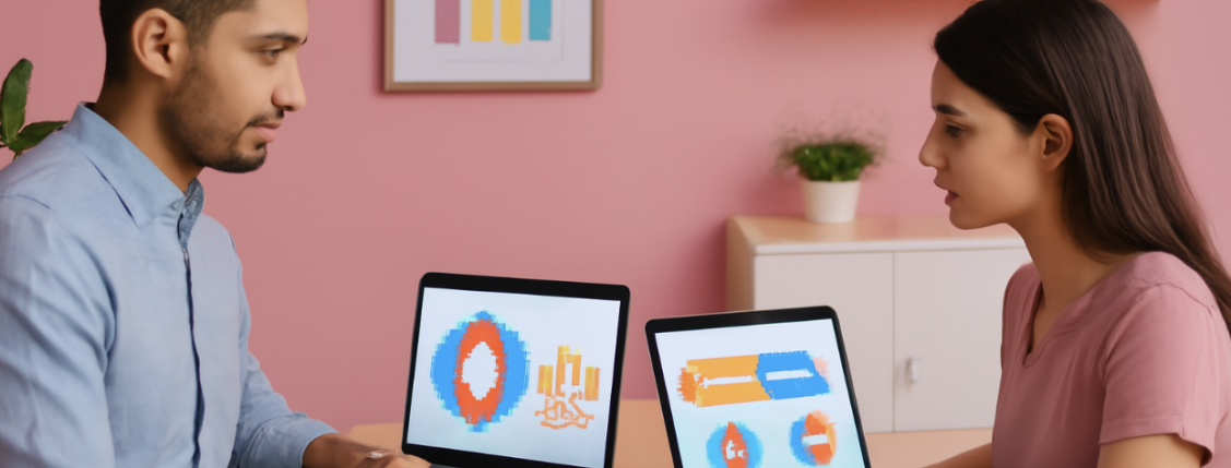 Image of a man and woman in an office creating infographics using each of their laptops.