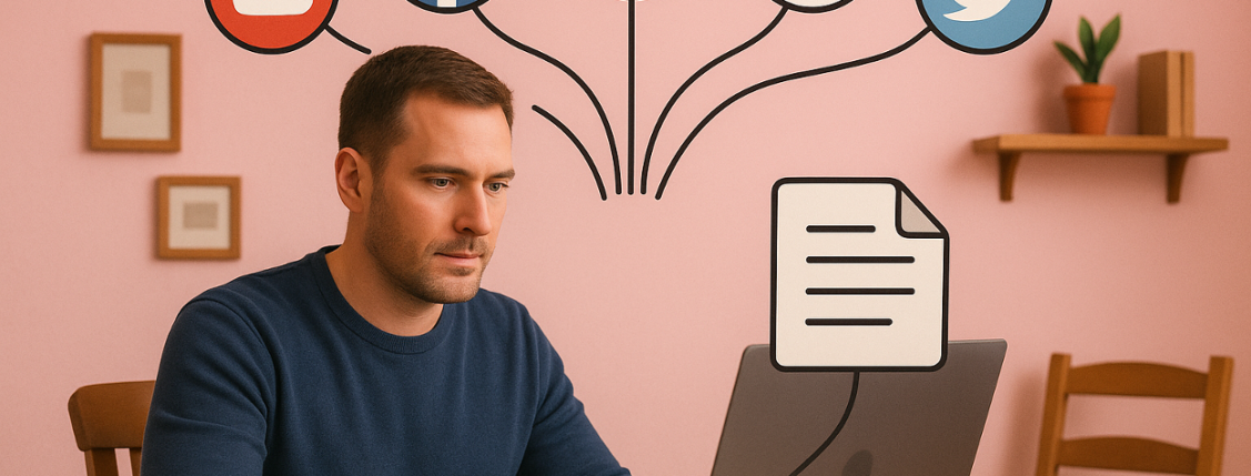 Image showing a man distributing content to various platforms with the click of a button