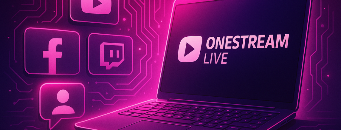 Laptop displaying OneStream Live interface with social media icons