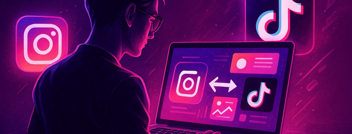 Neon illustration of a person at a laptop showing Instagram ↔ TikTok cross-posting interface