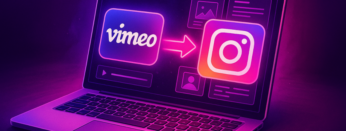 Neon pink-purple graphic of a laptop screen showing a Vimeo icon