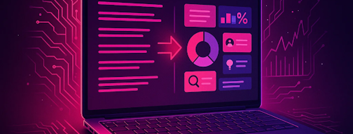 Neon pink-purple illustration of a laptop converting text into analytics widgets charts, icons