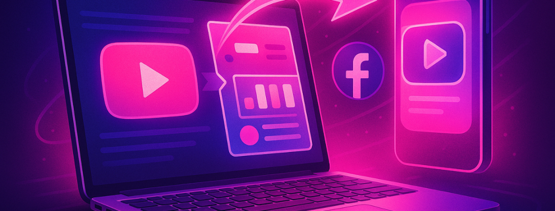 Neon pink-purple illustration of a laptop sending a video post to a smartphone