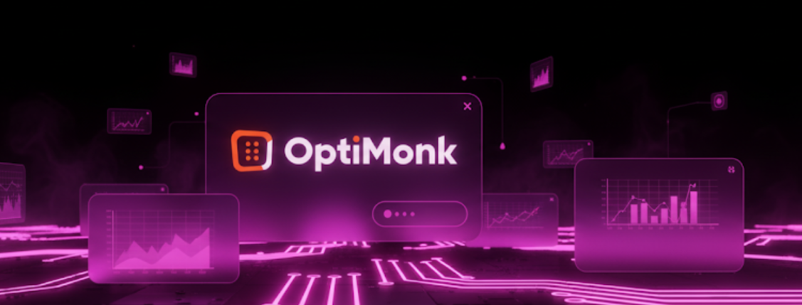 OptiMonk branded graphic showing interface mockups with analytics charts and popup campaign elements
