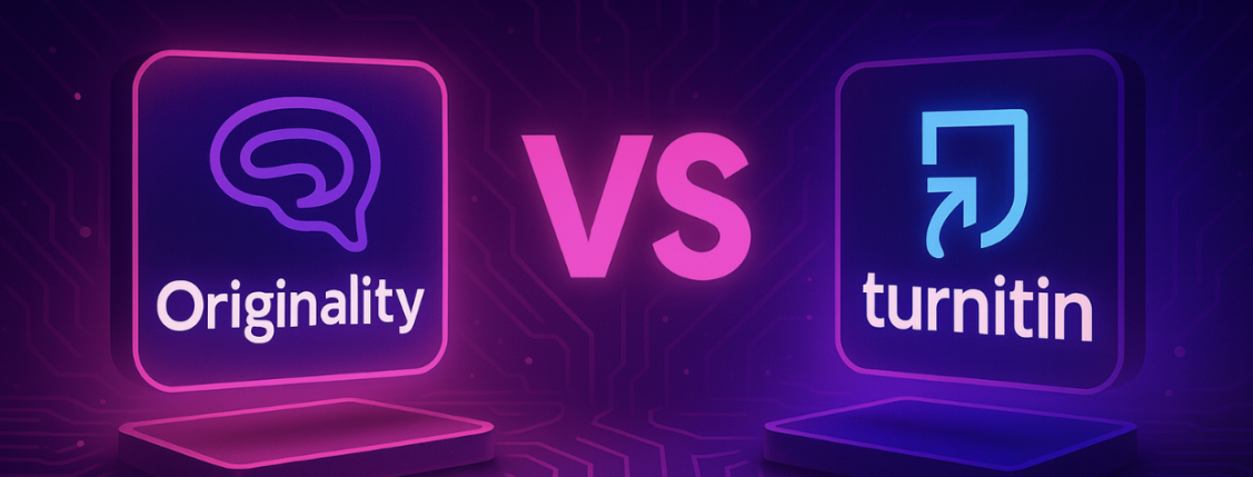 Originality.ai’s logo and Turnitin’s with a purple, motherboard-like background and “vs” in between them