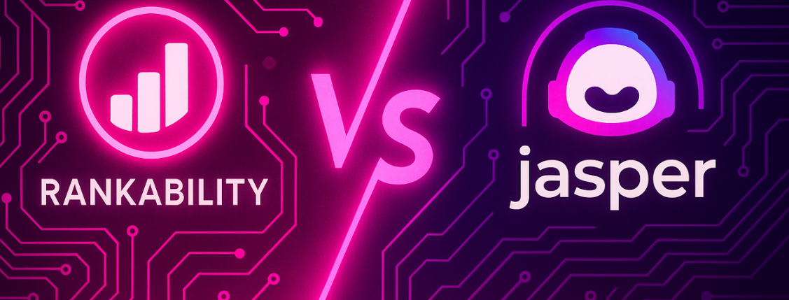 Rankability vs Jasper neon-style comparison graphic with tech circuit background