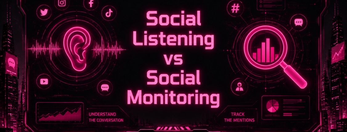 Stylized graphic comparing social listening and social monitoring against a neon pink futuristic background
