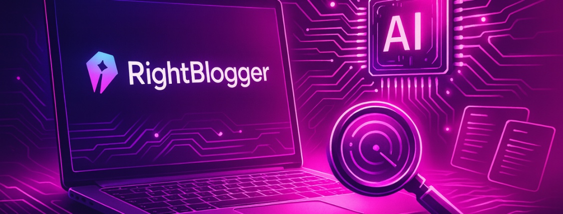 illustration of a laptop displaying “RightBlogger” with an AI chip and magnifying glass next to it.
