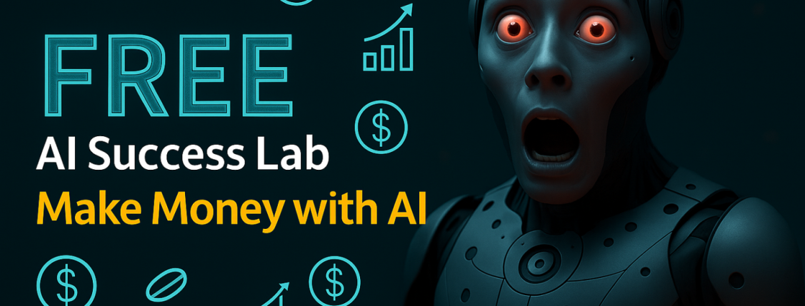 Excited humanoid robot with glowing red eyes surrounded by dollar signs and business icons, alongside bold text promoting the free AI Success Lab for making money with AI.