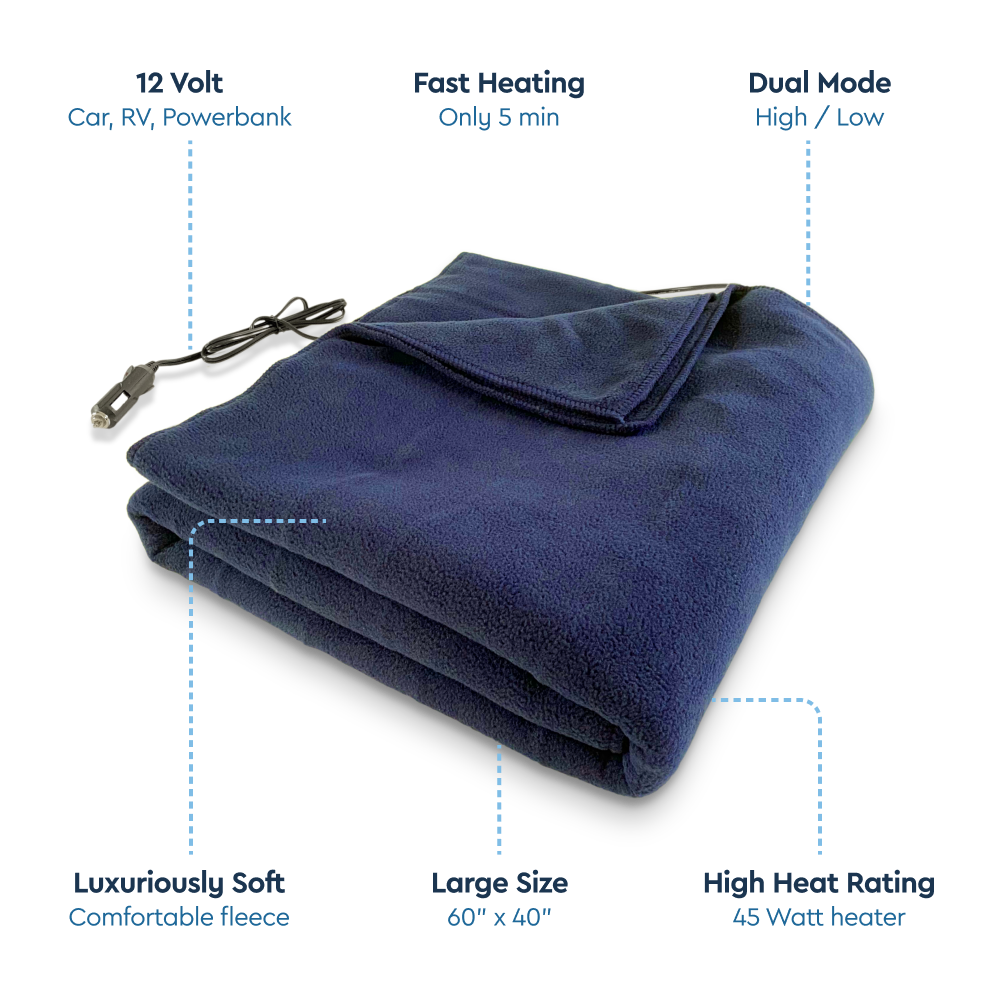 Battery powered heated electric blanket keeps your warm when on the road or camping
