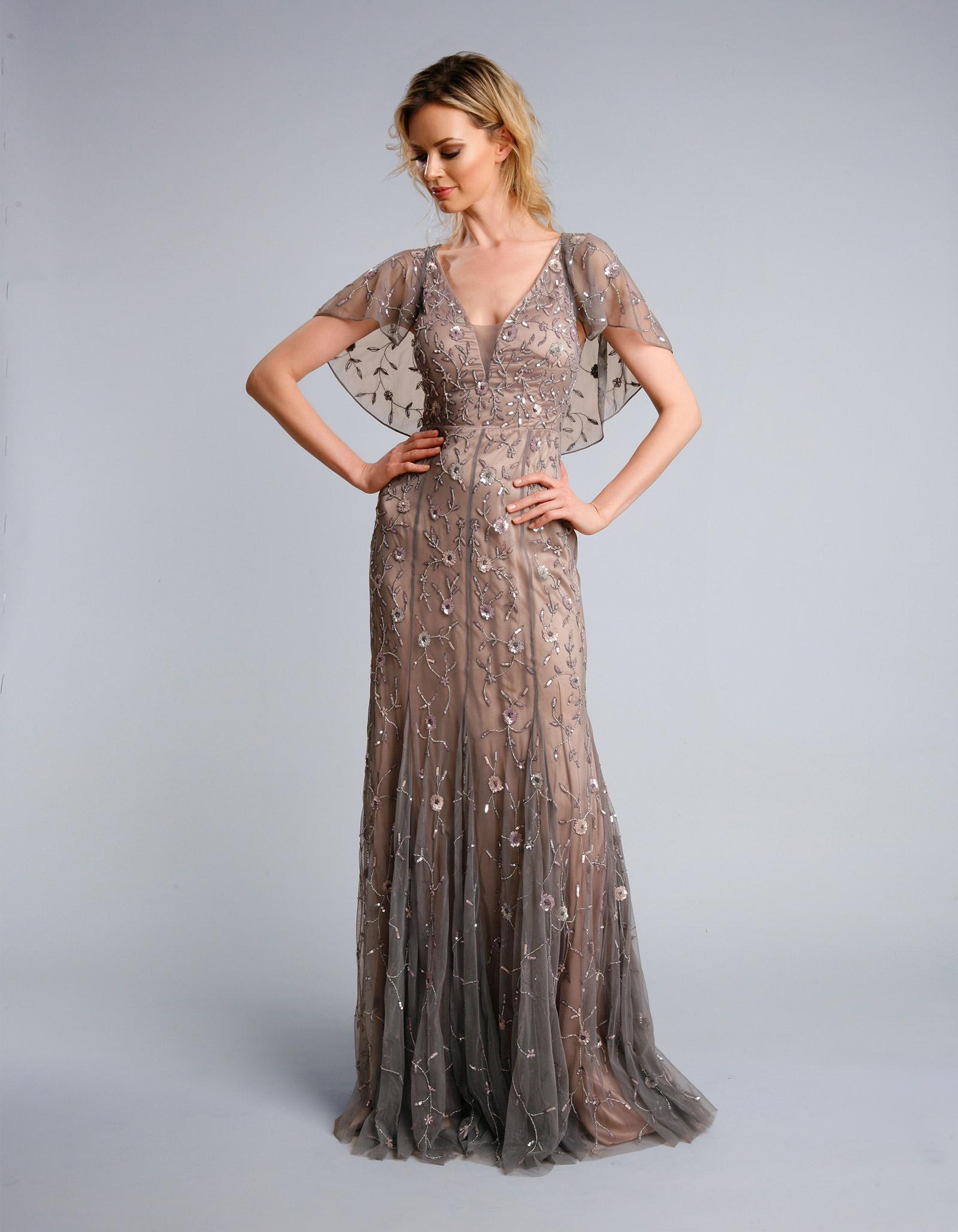 NYC Mother Of The Bride Embroidered Formal Dress With V-Neck & Flutter Sleeves
