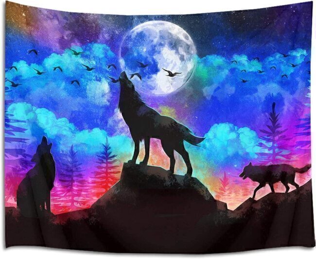 Howling Wolf Indoor Moon Tapestry For Wall Decoration & Themed Office Design